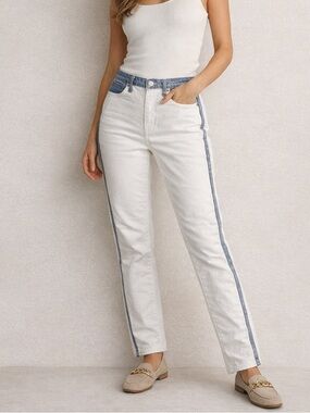 Joie Two Tone White Jeans Size 27 High Rise Straight Leg Blue Trim